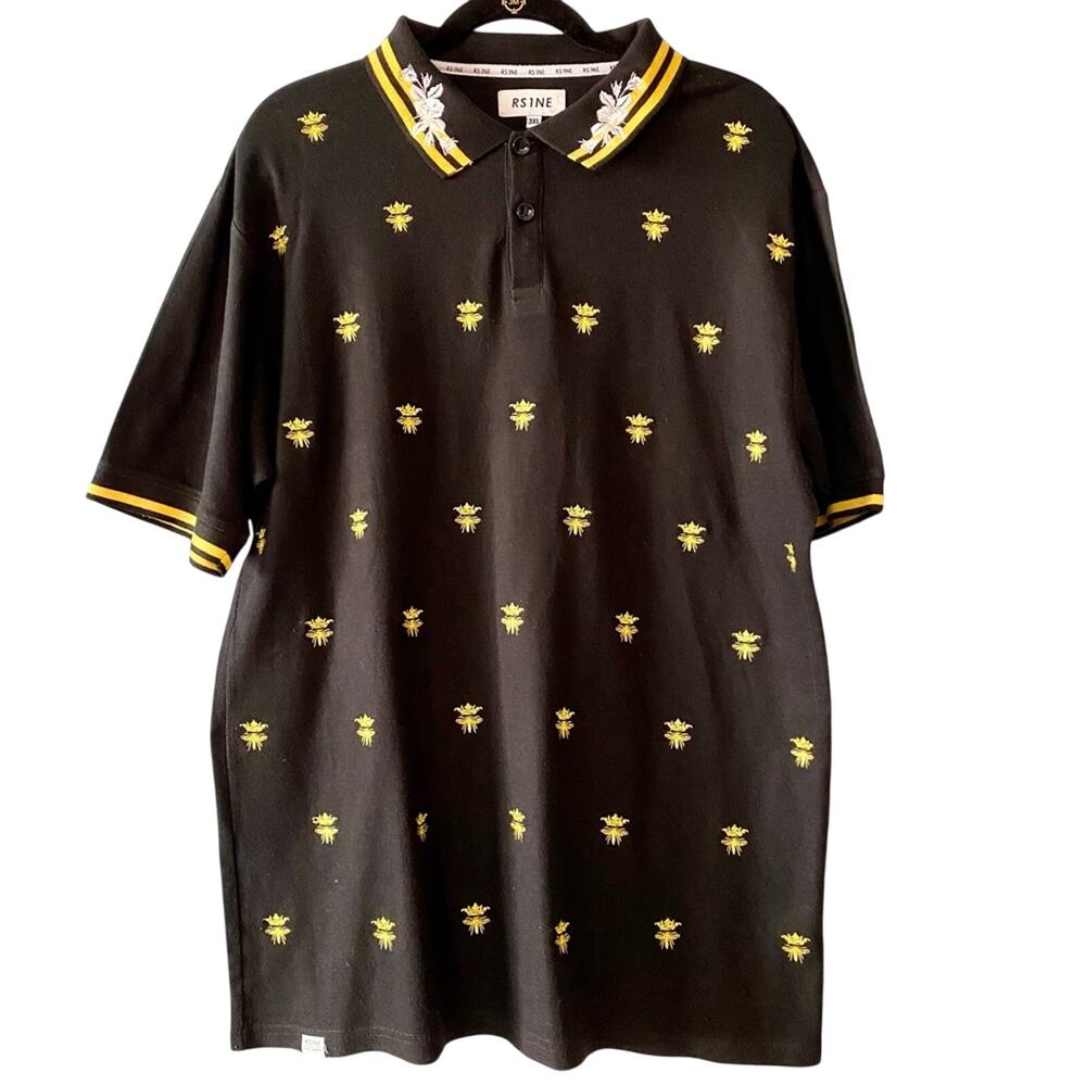 RS1NE Men's 3XL Black Bug Bumblebee Polo Shirt Embroidered Band Sleeves
